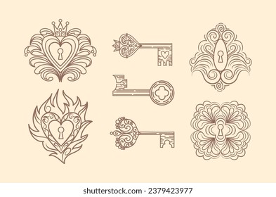 Vintage set of keyholes and locks in Gothic style. Filigree, heart with crown, floral motif, leaves and herbs. Magical items, fantasy, boho. Halloween, Valentines Day. witchcraft. For logo, stickers
