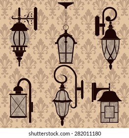 Vintage set of lanterns on patten background