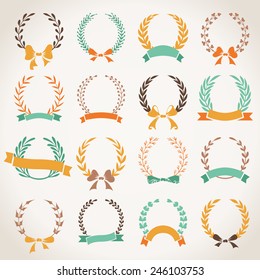 Vintage set of laurel wreaths. Hand-drawn wreaths with ribbons and bows isolated on white background. 