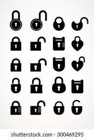 Vintage set of lock icons for the door. Simple silhouette. Black and white. 