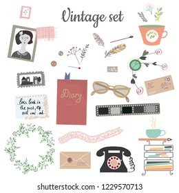 Vintage set with many objects for writer and post blog. Vector graphic illustration
