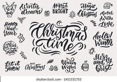 The vintage set for Marry Christmas and Happy New Year. Hand drawn lettering phrases is good for t-shirt designs, posters, ads etc. Vector illustration