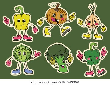 Vintage Set of Mascot Vegetable Collection in Cartoon Hand Drawn