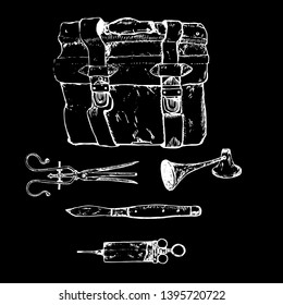 Vintage set of medical instruments: syringe, surgery scissors, retro doctor's bag. Sketch style vector illustration. Old hand drawn engraving imitation. Vintage object illustration