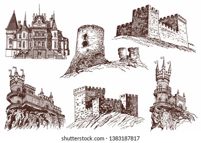 Vintage set of medieval castles, graphical vector illustration,sightseeing