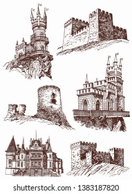 Vintage set of medieval castles, graphical vector illustration,sightseeing