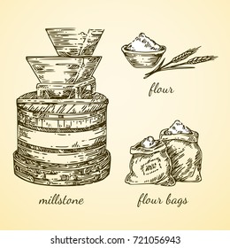 Vintage set. Millstone, flour end flour bags. Vector illustration.