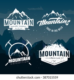 Vintage set of mountains typography posters, emblems and quotes with hand drawn elements. Vector illustrations with motivational and inspirational quotes. Template for cover, banner, poster, t-shirt.