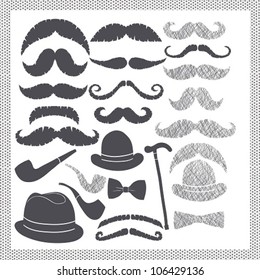 vintage set with mustaches, hats and pipes