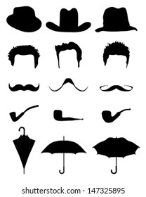 Vintage set with mustaches, hats, pipes, hair and umbrellas-vector