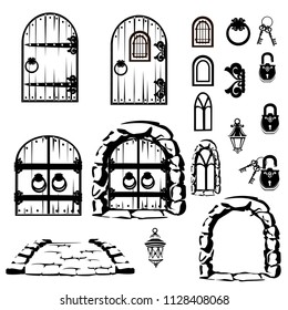 Vintage set of old doors, windows and a bridge. Vector illustration.