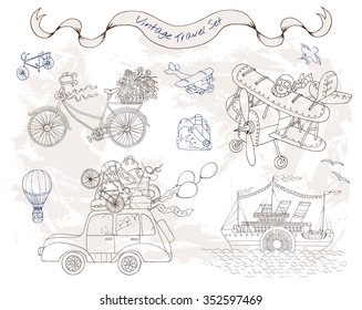 Vintage set with old transport and travel theme. Retro steam ship, plane, bicycle and car. Hand drawn vector illustration with variety of old means of transportation.