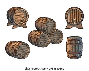 Viejo conjunto de viejos barriles de madera para cerveza, vino, whisky, ron en diferentes posiciones. Tres barriles apilados, barril con grifo en el soporte, frente, lado y tres cuartos de vista. Ilustración vectorial.