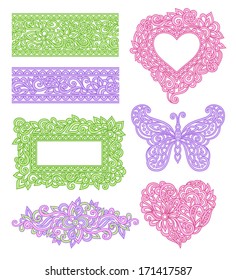 Vintage set of ornate elements. Doodle frames, borders, heart and butterfly
