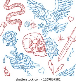 Vintage set pattern seamless print illustration old school trendy graphic design t shirt tee sweatshirt bomber poster sticker patch embroidery street wear rock wild eagle rose skull rose snake knife