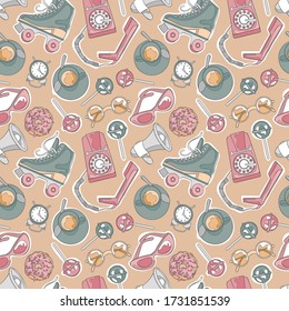Vintage set. Phone, rollers shoes, sunglasses. Hot drink: tea and coffee. Sweets: donuts and candy. Seamless pattern for background (background). Cartoon print.