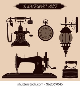 Vintage set - a pocket watch, a sewing machine, iron, telephone. lamp,