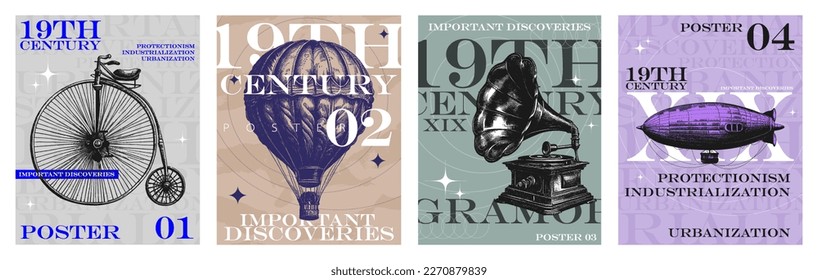 Vintage set of posters of important discoveries of the 19th century. Old posters template. Important discoveries of the past - gramophone, airship, air balloon, bicycle. Historic cards, vintage style