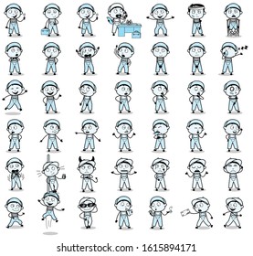 Vintage Set of Repairman Character Poses - Set of Concepts Vector illustrations