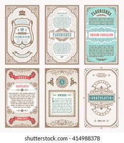 Vintage set retro cards. Template greeting card wedding invitation. Line calligraphic frames. Floral engraving design labels advertising place for text. Flourishes frame background