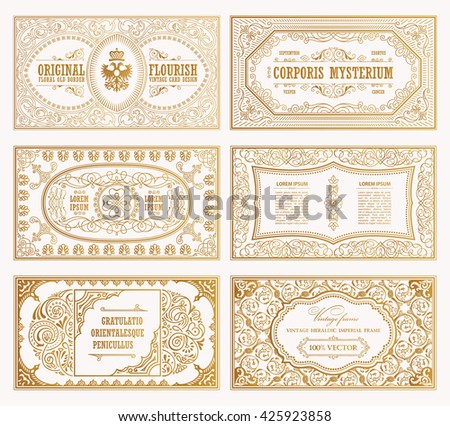 Vintage set retro cards. Template greeting card wedding invitation. Line calligraphic frames. Floral engraving design labels advertising place for text. Flourishes frame background