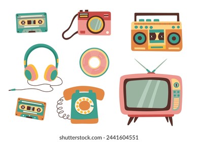 Vintage set in retro objects isolated on white. Vector flat hand drawn illustration.