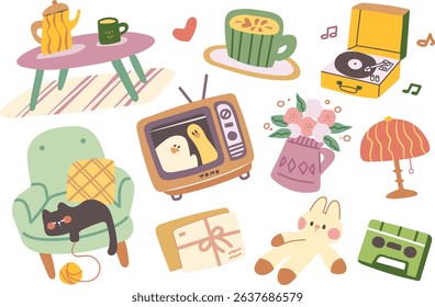 Vintage set in retro objects isolated on white. Vector flat hand drawn illustration. 90s retro elements set. Concept of 90s. Stickers. Y2K, 2000s, 80s retro elements set.