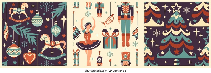 Vintage set of seamless patterns. Christmas Nutcracker Ballet aesthetic. Retro backgrounds, wrapping paper, fabric. Hand drawn, not AI