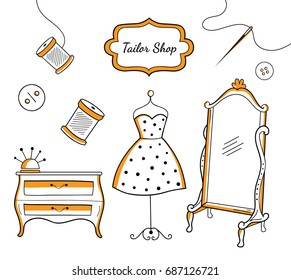 Vintage set of sewing tools and tailor shop attributes. Vector illustration