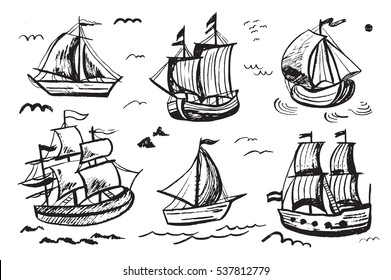  Vintage set with ships. Vector illustration.