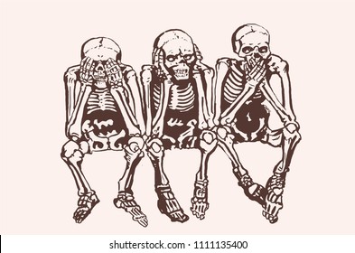 Vintage set of skeletons sitting , vector retro illustration,sign language