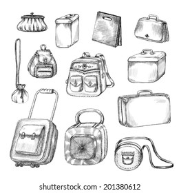 Vintage set of sketch different kinds of  bags.