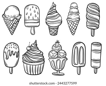 Vintage set of sketch linear drawing of different ice creams on a white background. Vector illustration