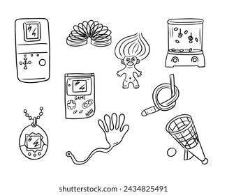 Vintage set of sketchy drawing of toys from 90s. Vector outline doodles of retro toys. Retro concept. Ideal for coloring pages, tattoo, pattern
