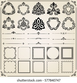 Vintage set of square, round and horizontal elements. Different vector elements for decoration and design frames, cards, menus, backgrounds and monograms. Classic patterns. Set of vintage patterns
