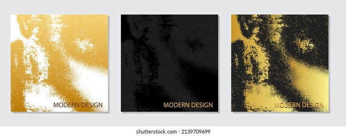 Vintage set of square web banners with geometric gold pattern, marble grunge texture with sparkles. Design idea for cover, wallpaper, website, flyer, book, business card, certificate, postcard.