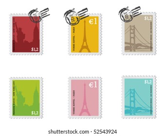 Vintage set of stamps from New York City, Paris and San Francisco.