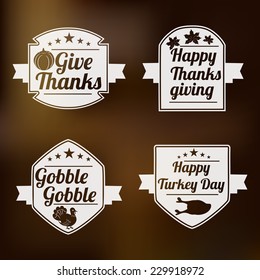 Vintage set of sticker, label and tag for Thanksgiving Day celebration on shiny brown background.