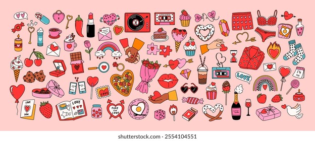 Vintage set stickers of Valentine's Day and Love. Line art design concept of romantic elements and symbols. Doodle pack for daily planner, scrapbooking, print. Hand drawn retro vector illustration