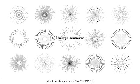 Vintage set of sun rays, light rays, sun rays. Design elements, linear drawing, vintage style. Vector, EPS 10