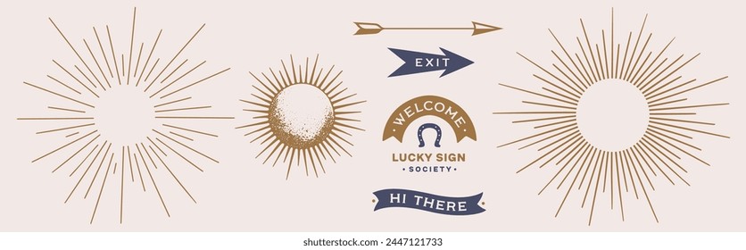 Vintage set. Sunburst, sun light ray, vintage retro graphic. Set of light rays, sunburst and rays of sun. Hand drawn design elements, linear drawing, design sign, symbol. Vector Illustration