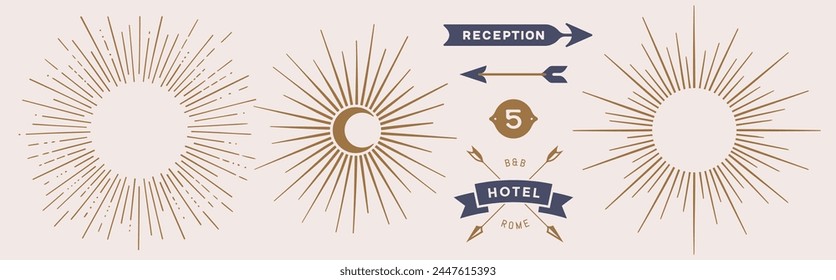 Vintage set. Sunburst, sun light ray, vintage retro graphic. Set of light rays, sunburst and rays of sun. Hand drawn design elements, linear drawing, design sign, symbol. Vector Illustration