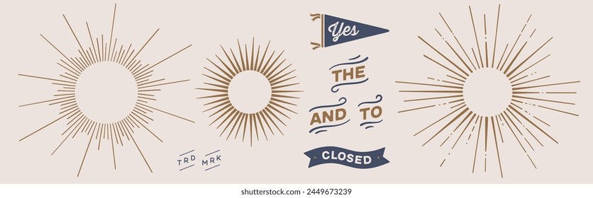 Vintage set. Sunburst, sun light ray, vintage retro graphic. Set of light rays, sunburst and rays of sun. Hand drawn design elements, linear drawing, design sign, symbol. Vector Illustration