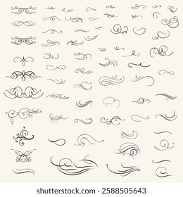 Vintage set of swirl ornament, line style flourishes collection. Filigree calligraphic ornamental curls. Decorative retro design elements for menu, certificate diploma, wedding invitation card