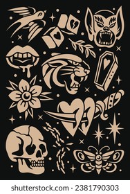 Diseño vectorial de flash de tatuaje de conjunto de vintage