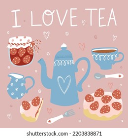 Vintage set. Teapot, strawberry pie, dessert fork, spoon, berry jam, cup of coffee, milk jug. Lettering I Love Tea. Vector illustration for tea shops and coffee houses.