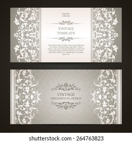 Vintage set of template ornamental borders and patterned background. Elegant lace wedding invitation design, Greeting Card, banner