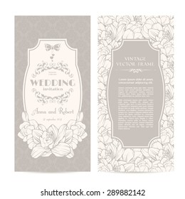 Vintage set of template spring flowers and patterned background. Elegant lace wedding invitation design, Greeting Card, banners