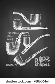 Vintage set of Tobacco Pipes drawn with chalk on blackboard. Pipe shapes: apple, bent billiard, hungarian (Oom Paul), cavalier, dublin. 