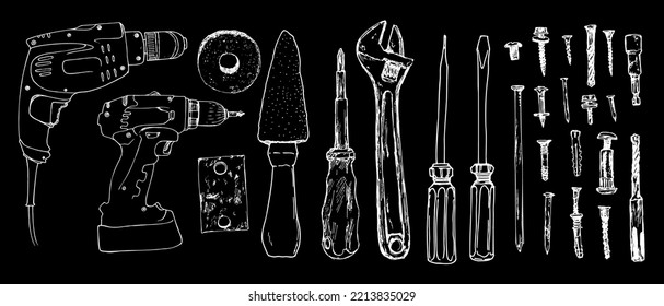 vintage set of tools. drill bits and wrench, screwdriver, bolts, nails, screws, whetstone, white outline on black for the design template. Vector concept. Hand-drawn. Development of a technological co